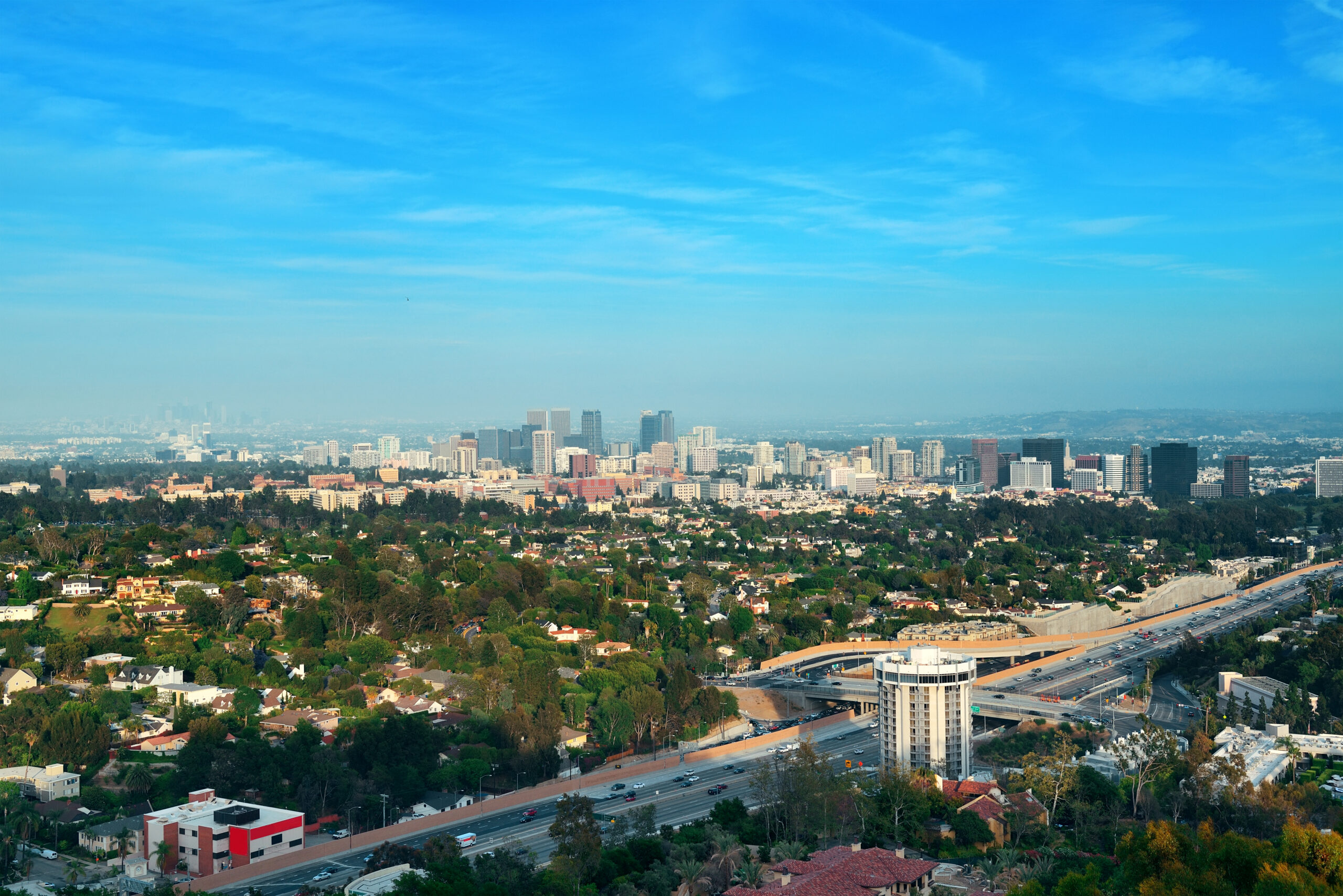 Downtown city buildings and highway urban landscape